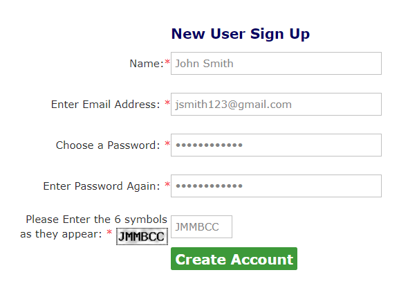 Applicant Account New User Sign Up