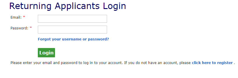 Returning Applicants Login Page